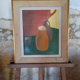 Old painting, oil on canvas from the 1950s, 3 pitchers and a timpani in 5 colors