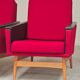 Pair of Drevotex Zamberk armchairs, red fabric and faux leather 1970