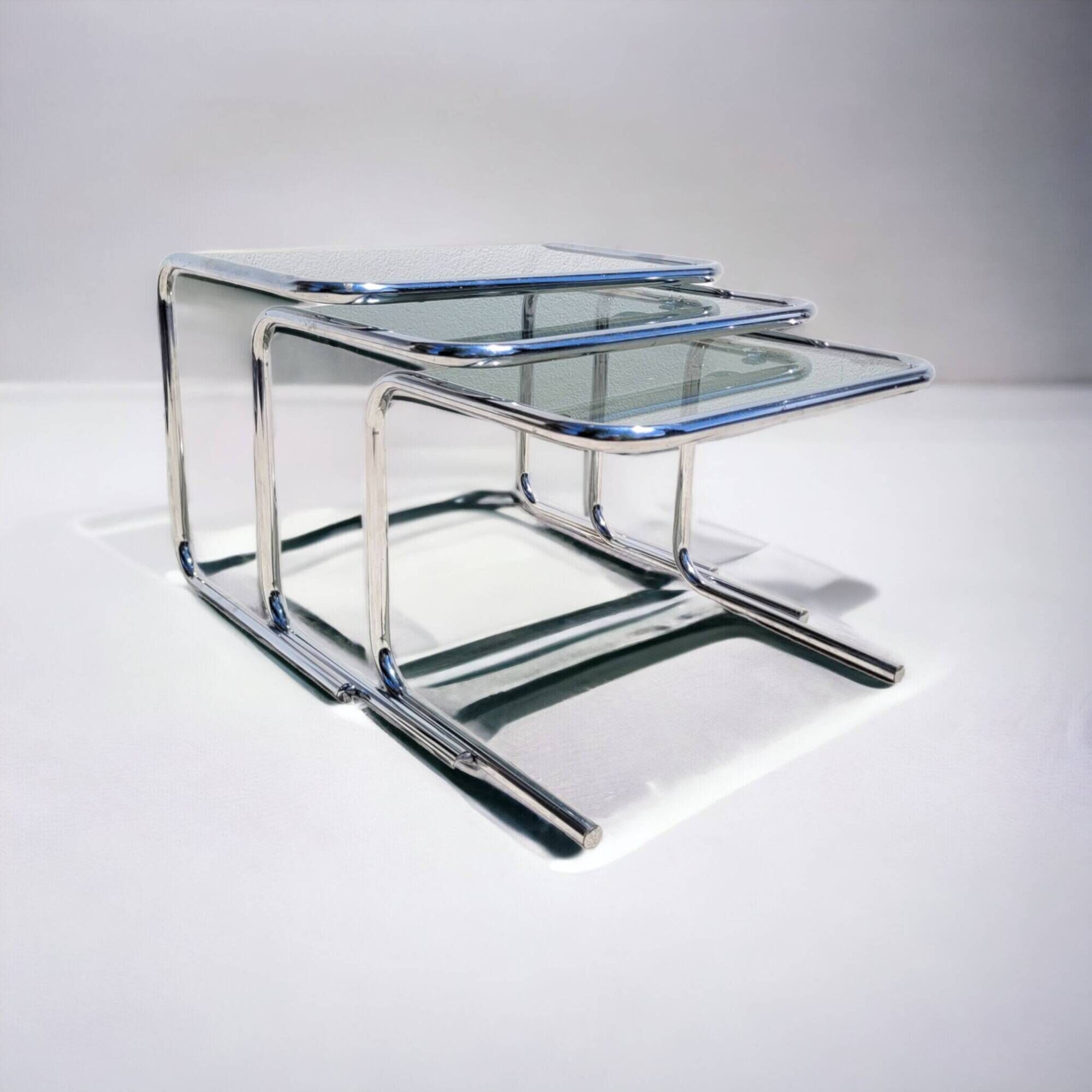 Vintage nesting coffee tables in chrome and smoked glass