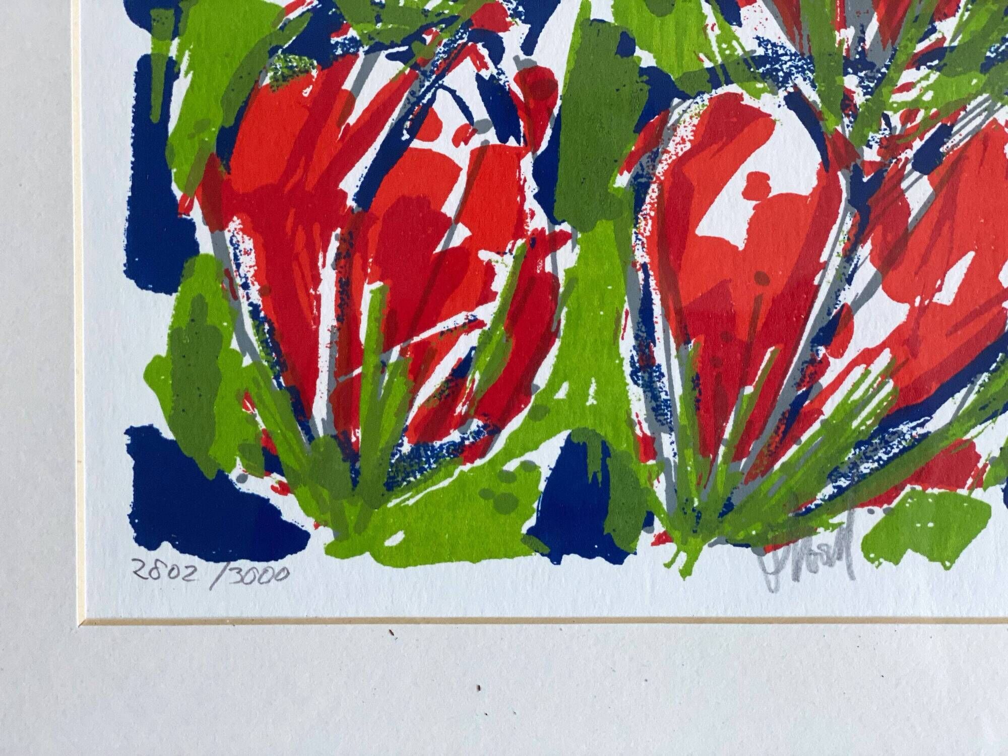 Cheerful silkscreen "red tulips" by Ad van Hassel, Dutch art