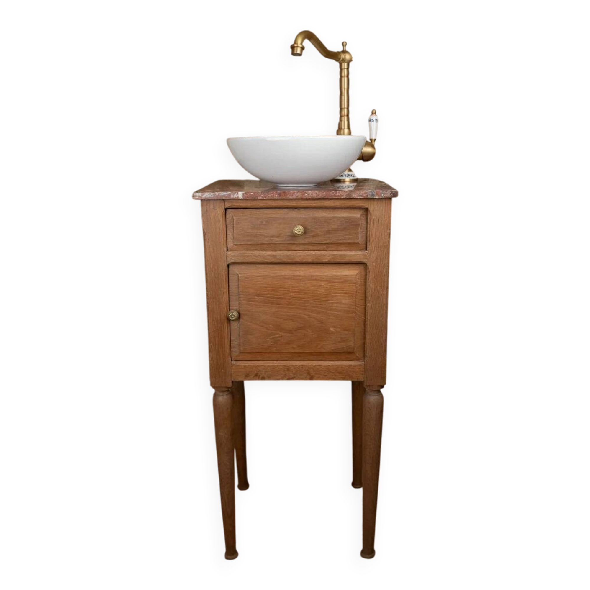 Small antique washbasin in wood and red marble.