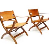 Two 1950s Danish Safari Chairs In Oak & Hide Leather by Poul Hundevad