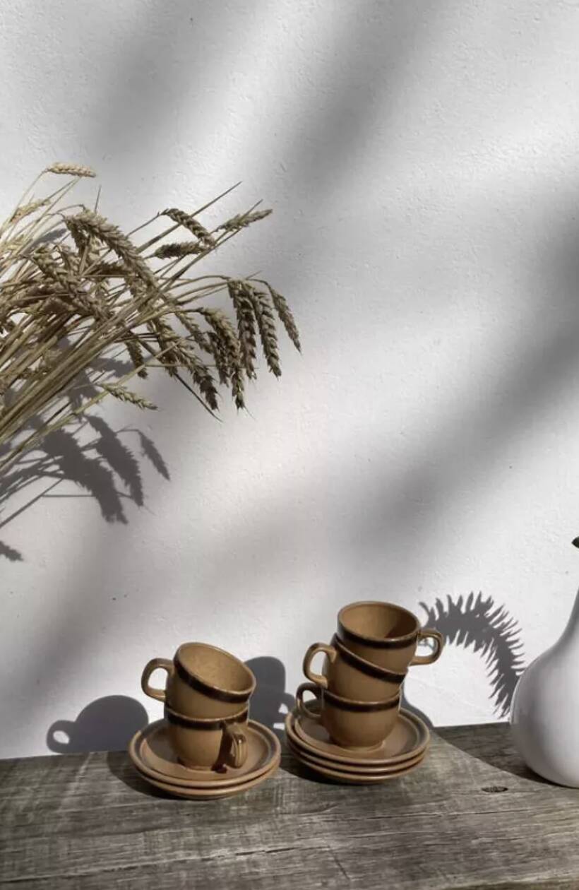 Vintage 1970s stoneware coffee cups and saucers