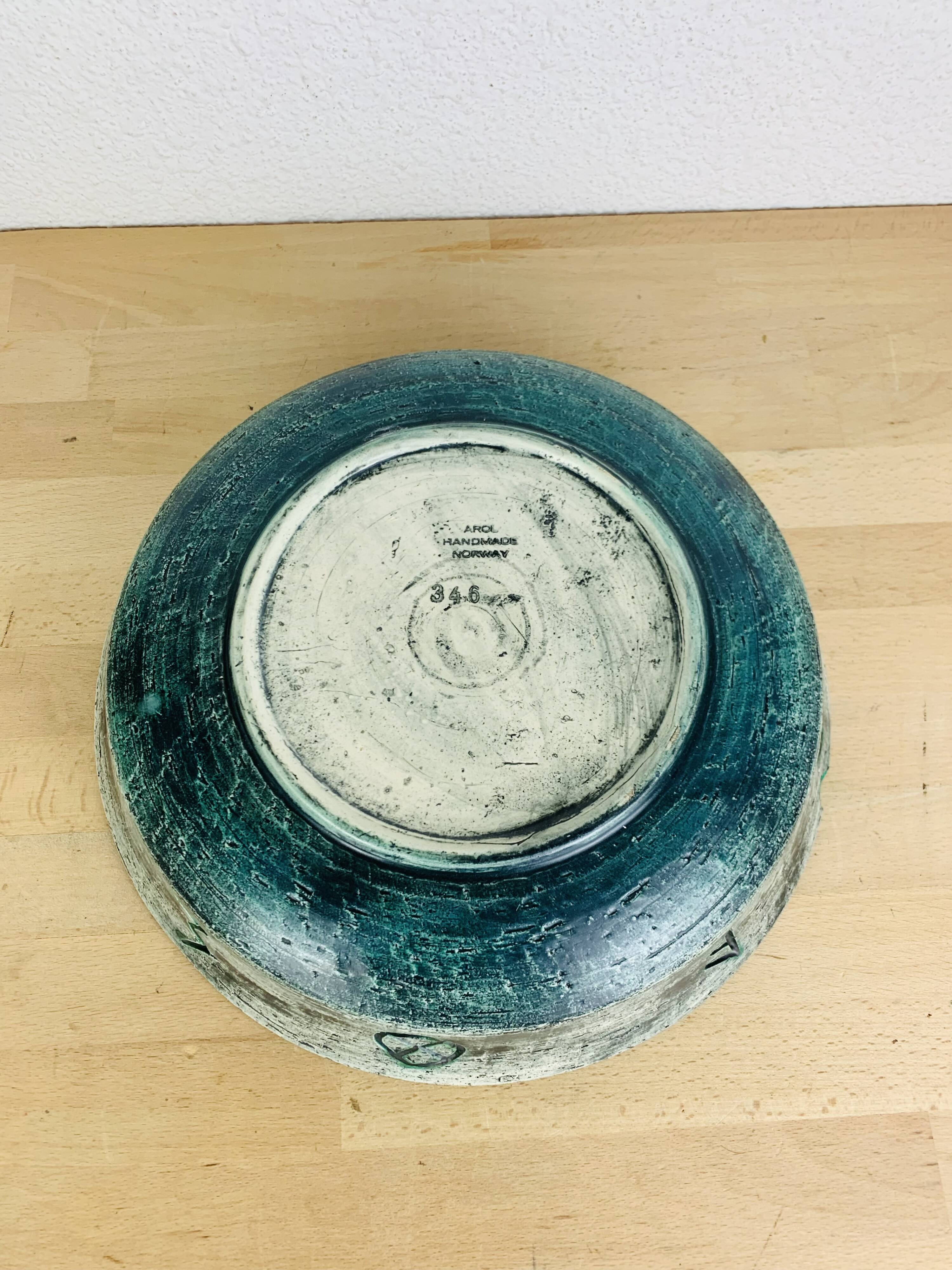 Round blue ceramic dish signed Arol Norway