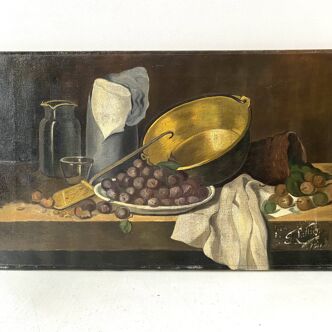 Painting of a still life in oil on canvas 1911, old painting signed F. Lallier