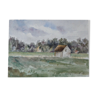 Watercolor on paper, country landscape, 19th signed