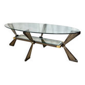 Vintage Italian coffee table in glass, chrome and brass metal, Hollywood Regency style, 1970s.