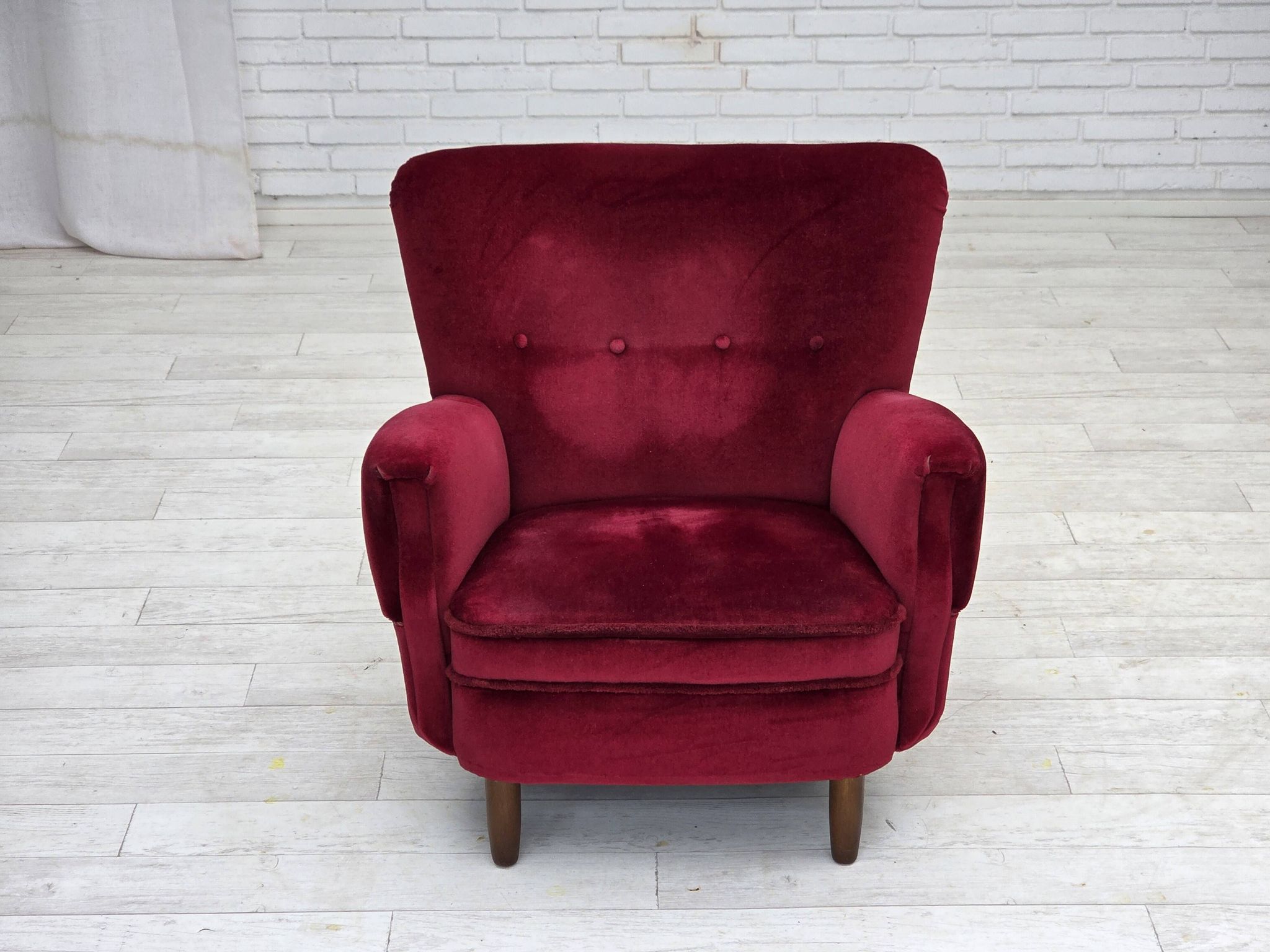 1960s, Danish armchair, cherry-red furniture velour, beech wood legs.