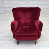 1960s, Danish armchair, cherry-red furniture velour, beech wood legs.