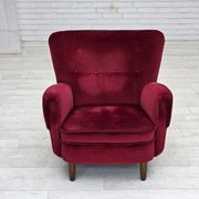 1960s, Danish armchair, cherry-red furniture velour, beech wood legs.