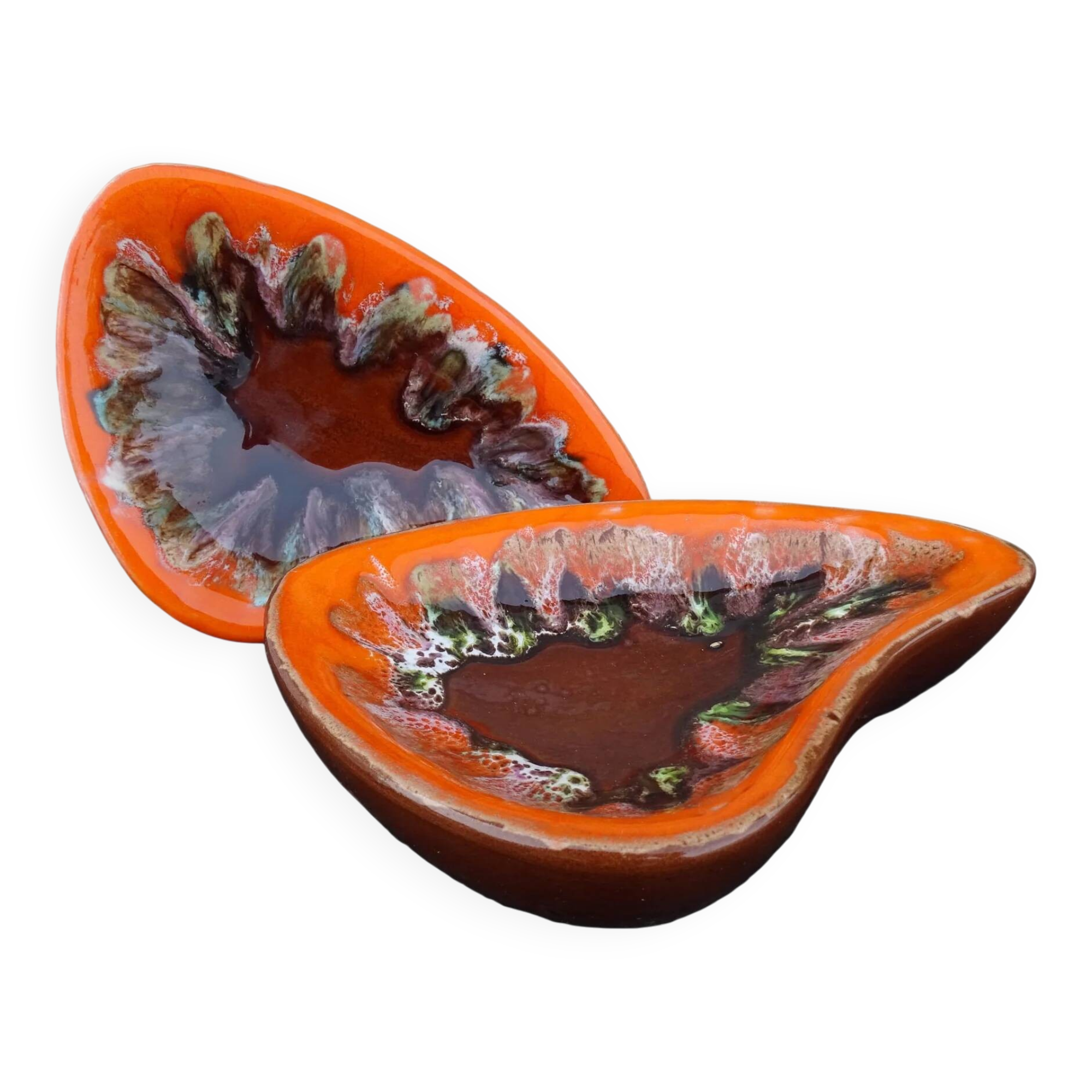 Paire de plats vintage français en faïence de Vallauris à glaçure orange