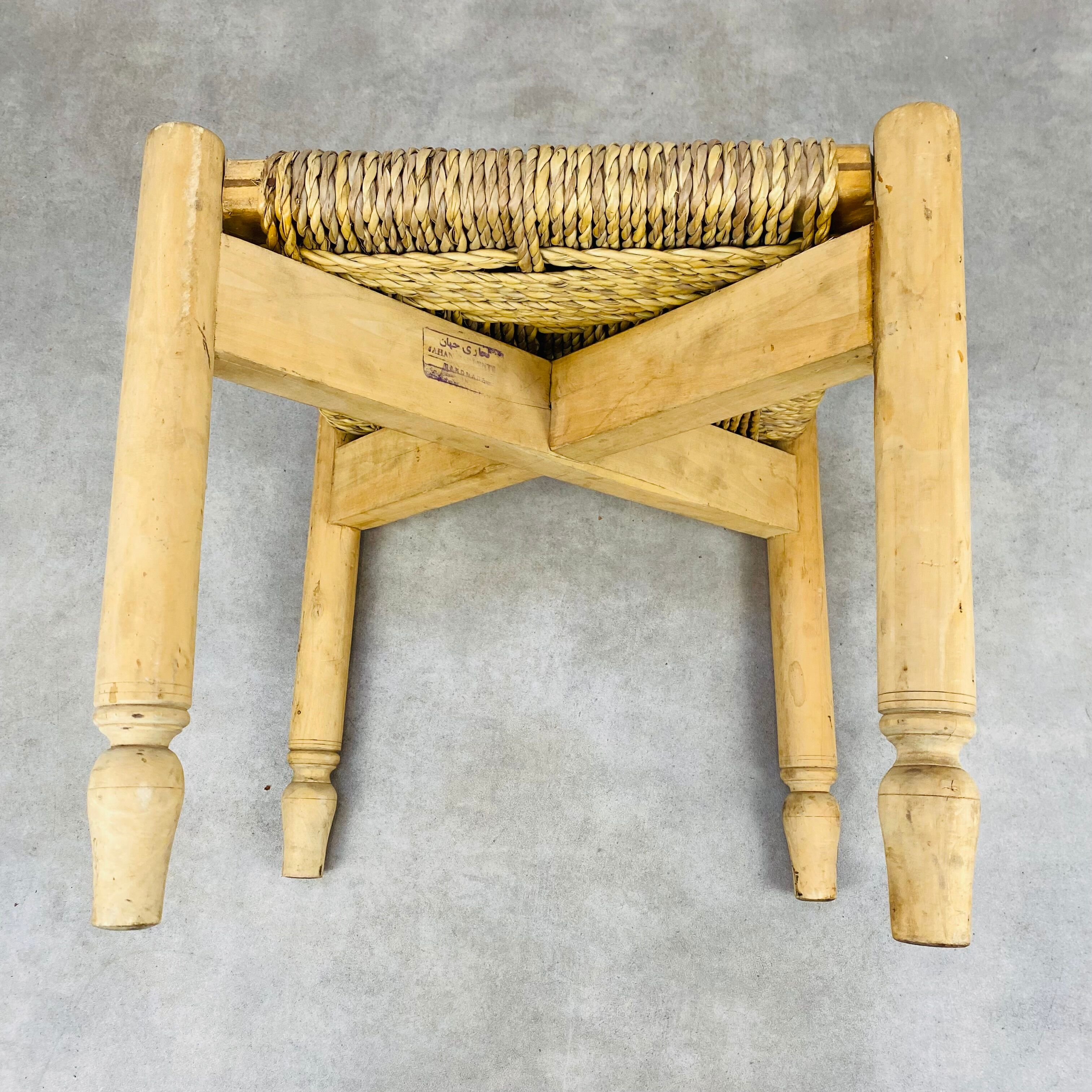 Stool woven straw raw wood