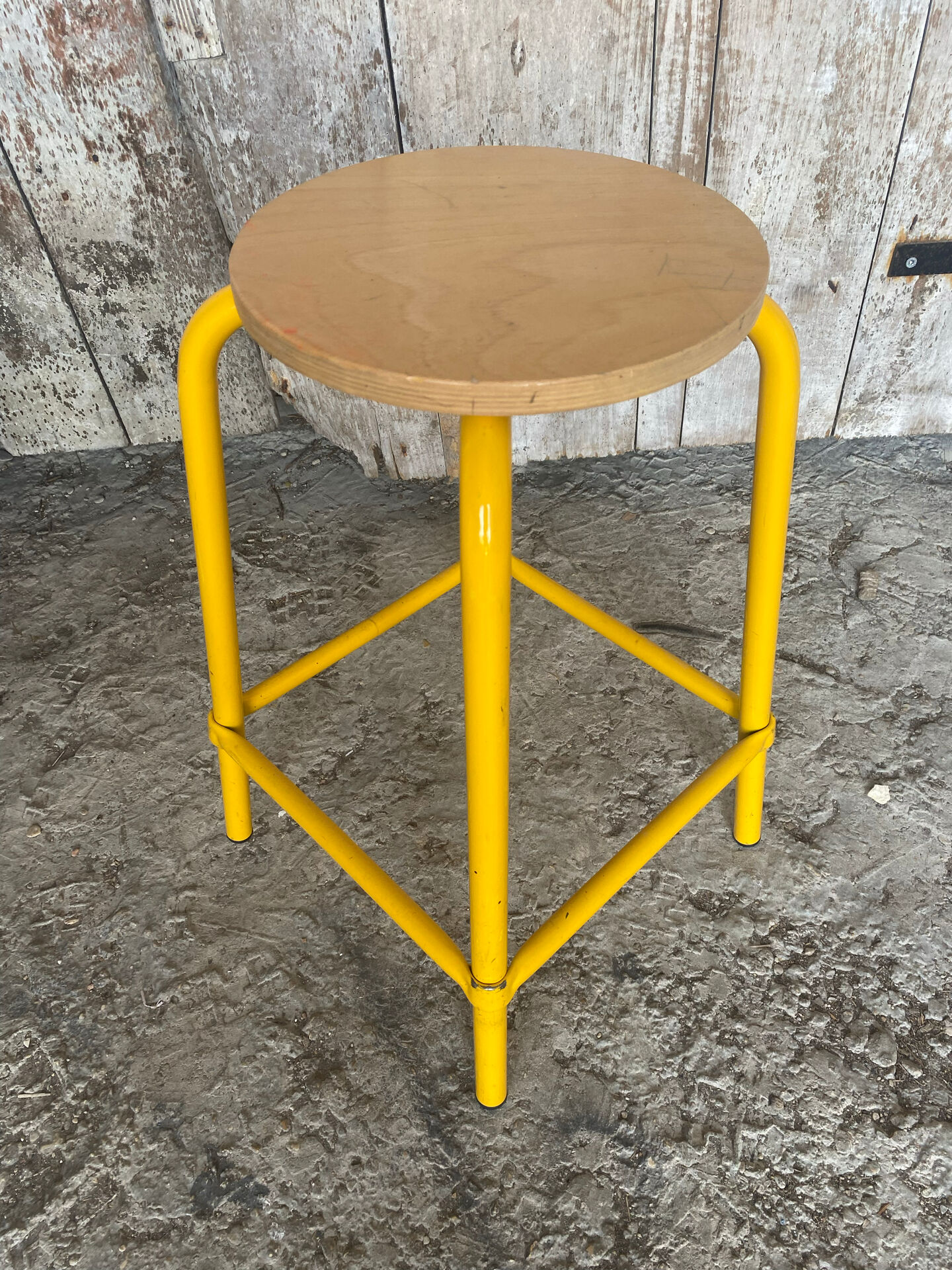 Vintage Industrial Stool DPC Yellow Metal Tube + Wooden Seat