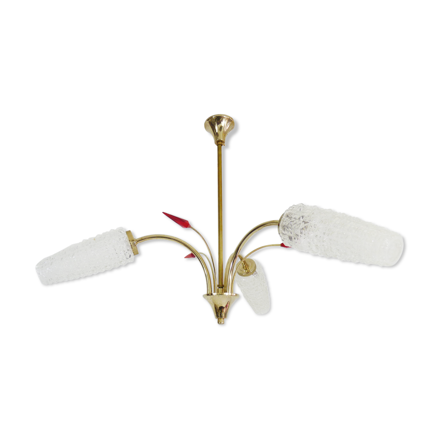 Old 3-branched chandelier, 3 red arrows, brass and diamond glass tubes. Year 60