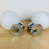 Pair of wall lamps space age chrome and opal globe 70s