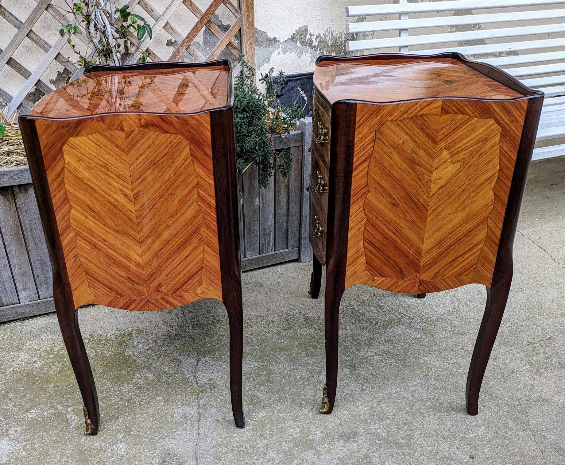 Old pair of large bedside tables in rosewood marquetry Louis XV Style