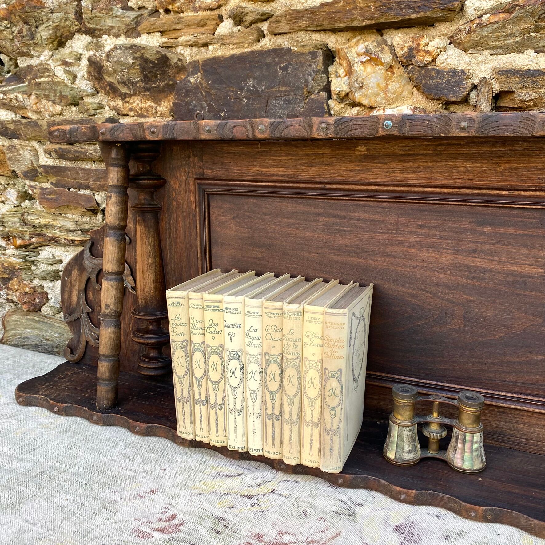 Large wall shelf with 2 wooden and brass shelves.