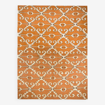 Kilim afghan contemporain motif arabesque couleur orange brique 305 x 198 cm