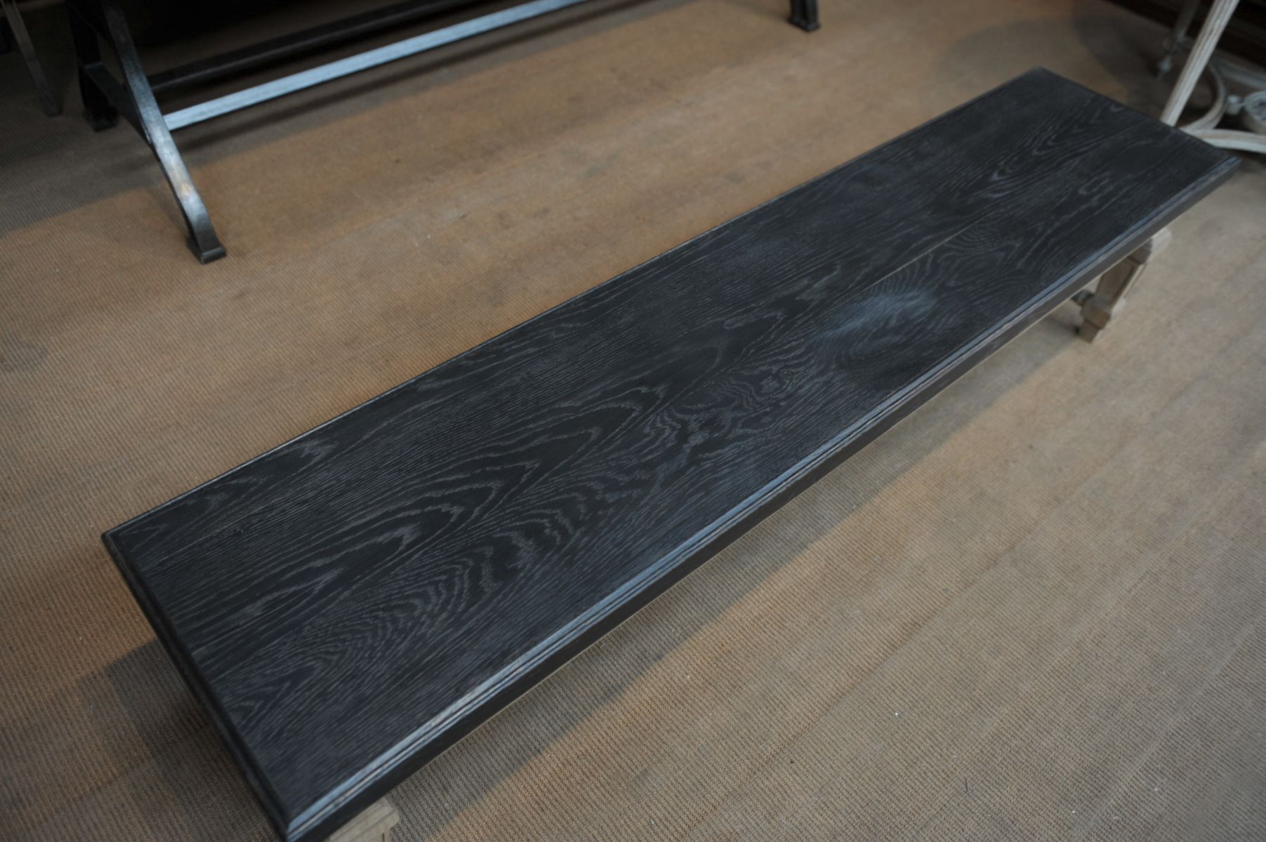 Ancient bench in solid oak and french bank brass