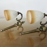 Pair of art deco wall lights in marbled glass and brass
