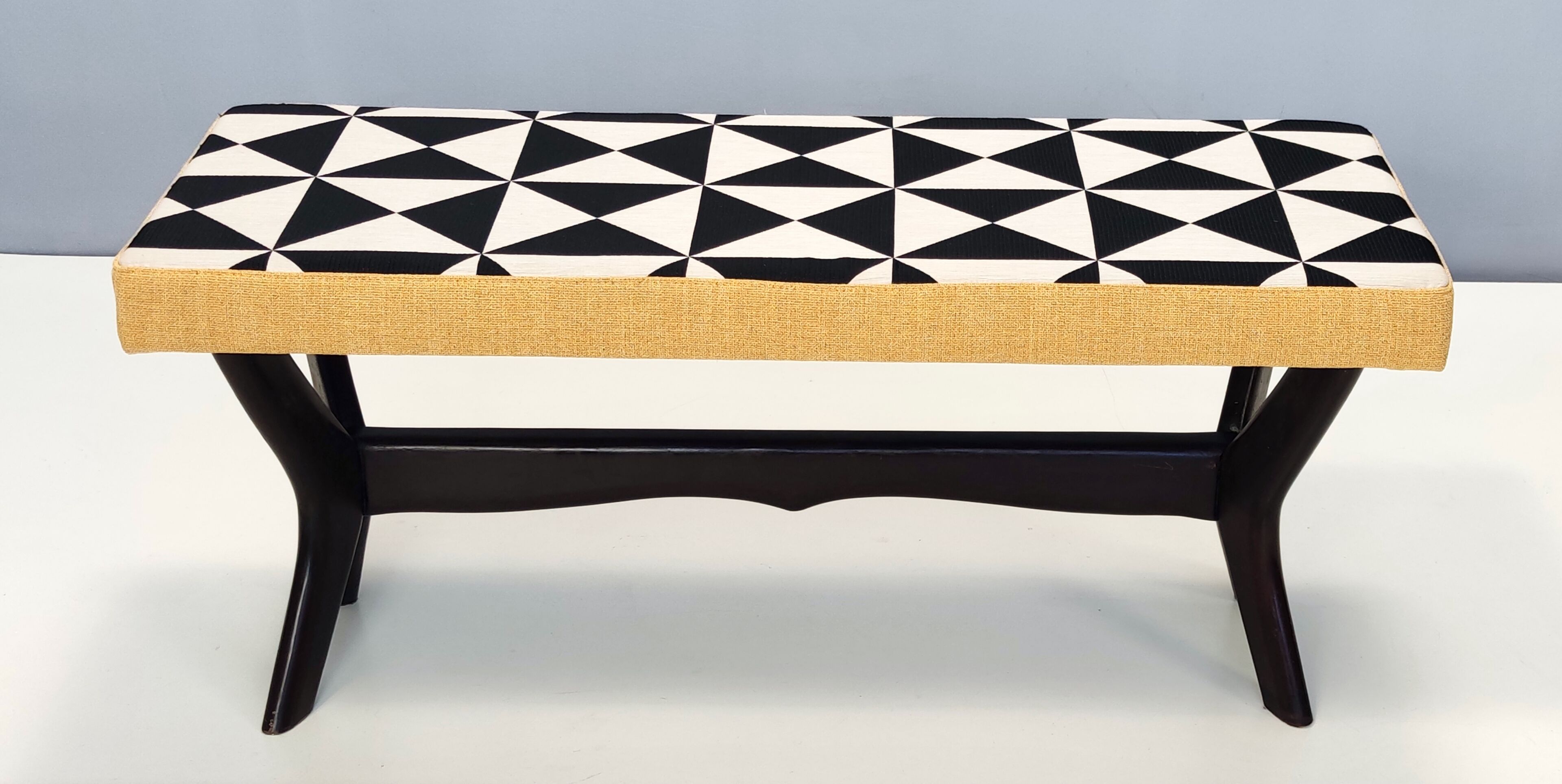 Midcentury Bench with Black, White and Yellow Fabric by Dedar, Italy, 1950s