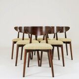 Set of 6 Dining Chairs, Light Beech Wood, Green Pattern  Fabric