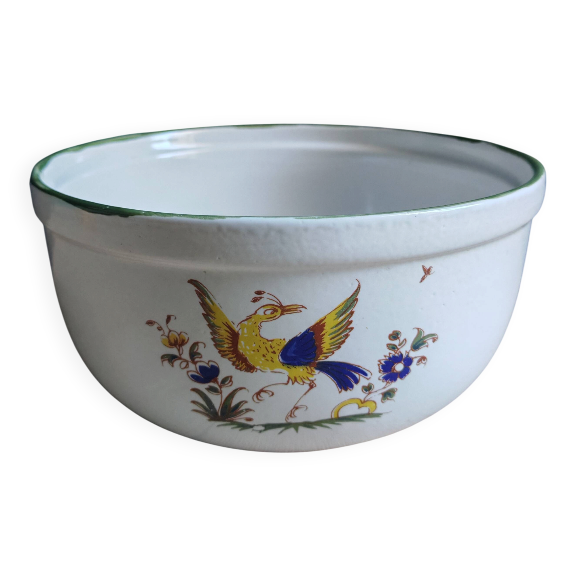 Saladier vintage faïence blanche oiseau exotique style Moustiers