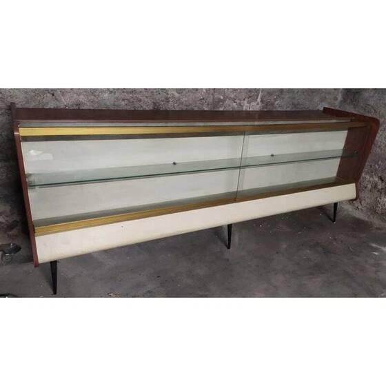 Vintage glass pharmacy counter with sliding doors medicine cabinet