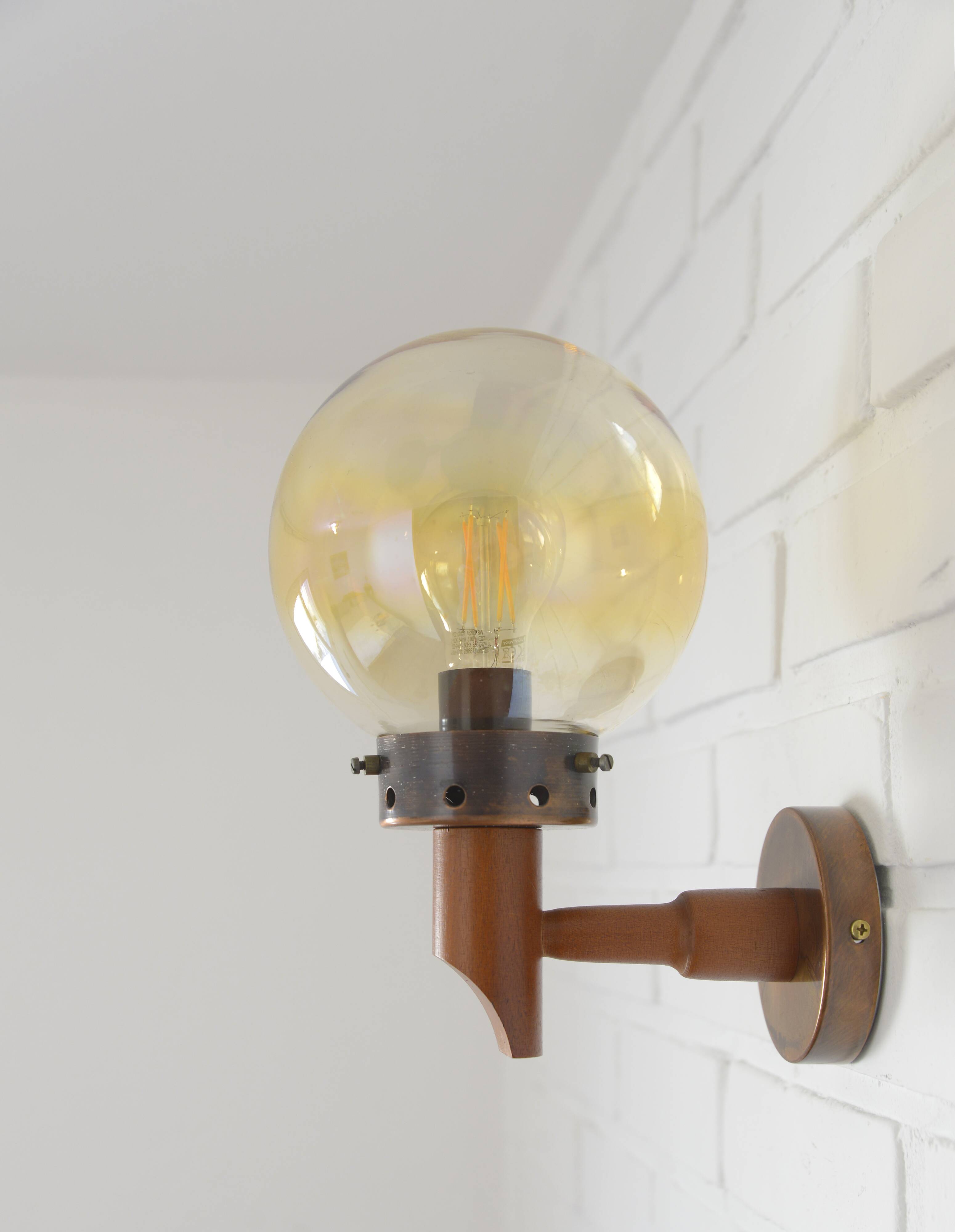 1 of 6 vintage wall lamps, rustic sconces, wood and copper amber glass 1980