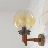 1 of 6 vintage wall lamps, rustic sconces, wood and copper amber glass 1980