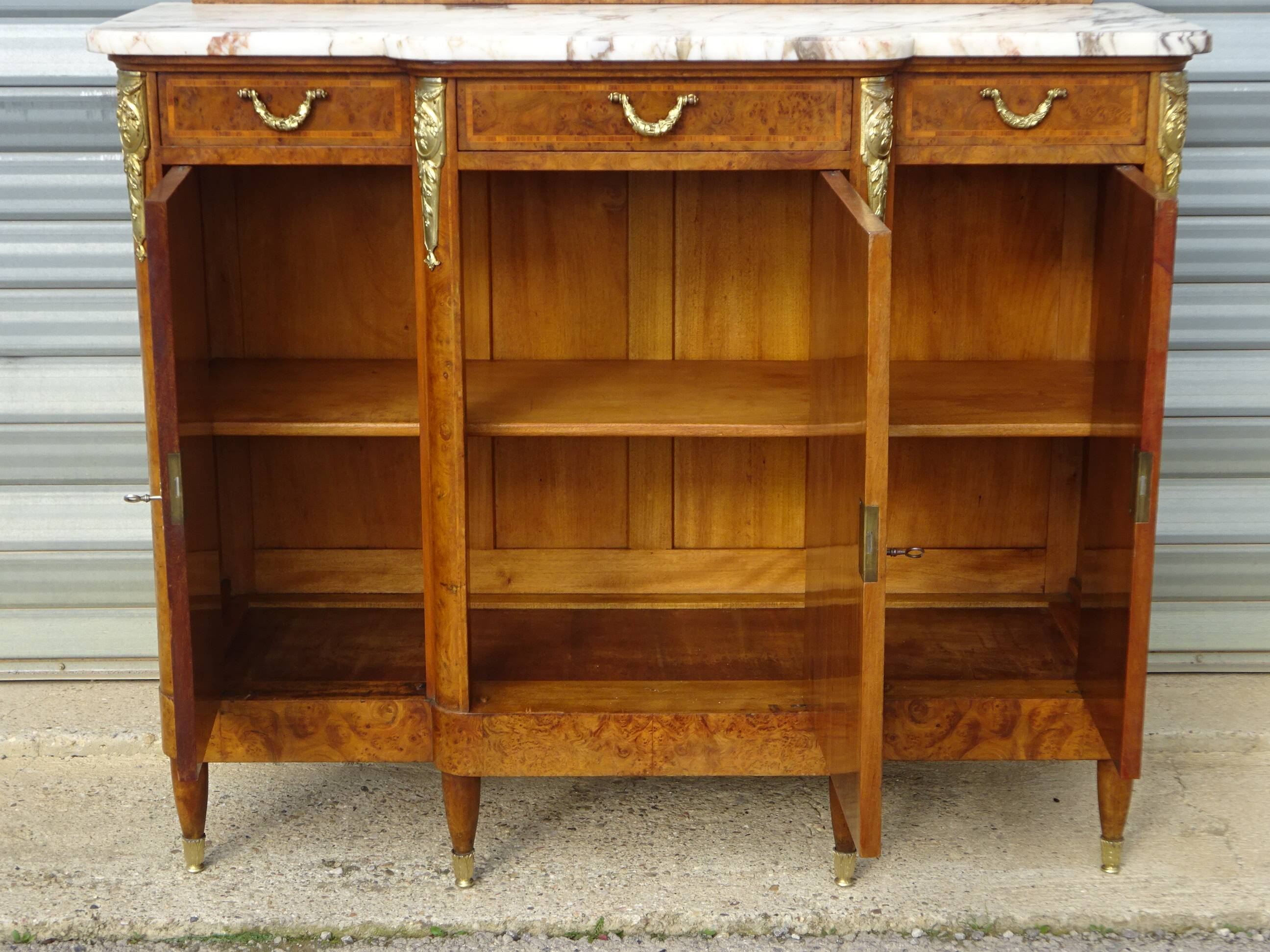 Louis XVI style walnut burl buffet with gilt bronze mounts