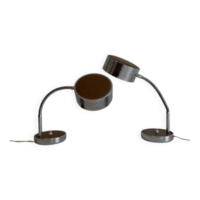 Paire de lampes de table orientables vintage, métal chromé et bois, France,