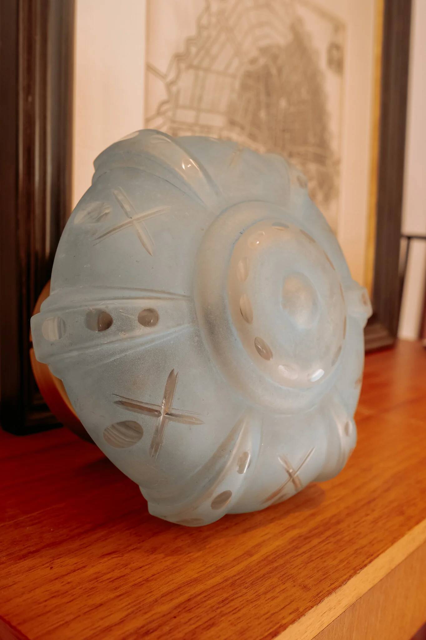 Vintage ceiling light in light blue glass with new frame.