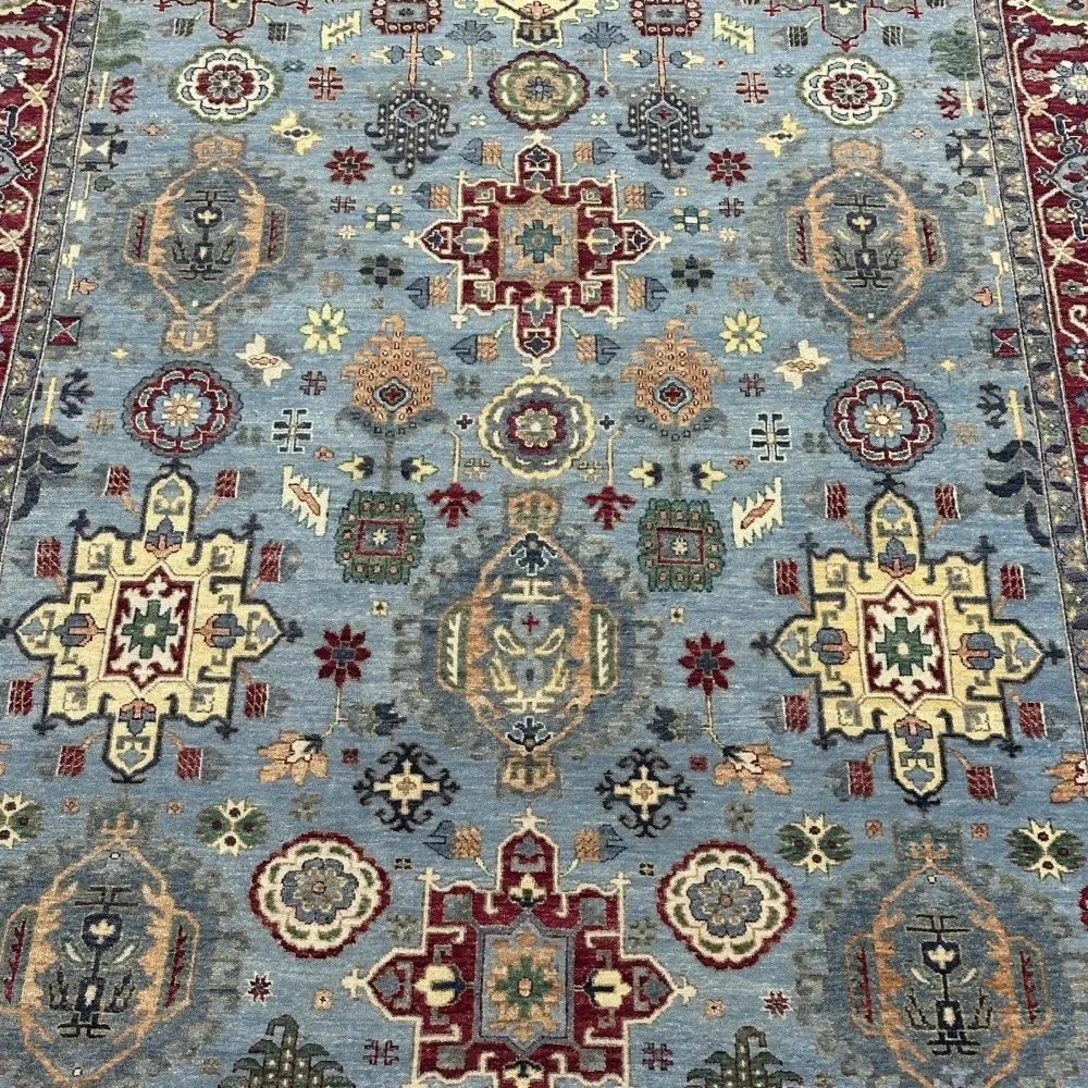 Hand-Knotted Wool Area Rug, Modern Floral Design Blue Carpet for Living Room