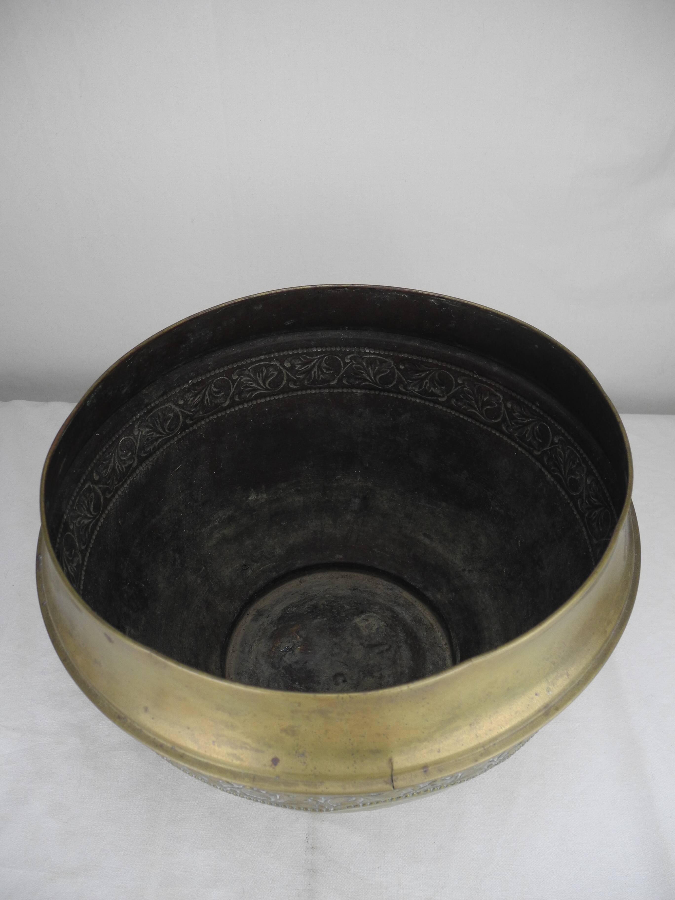 large old brass flower pot, gilded shabby decor, old brass flowers pot