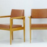 Pair of chairs 1950 Brown leatherette & oak vintage 50's