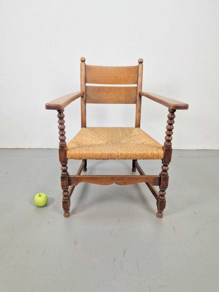 Vintage Dutch Bobbin Armchair in Oak and Rush, 1930s
