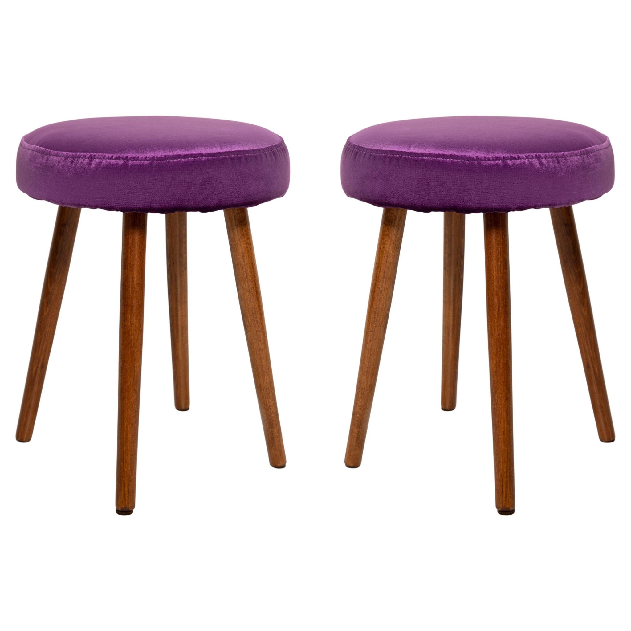 Set of two shiny purple velvet stools from the mid-century, Europe, 1960s.