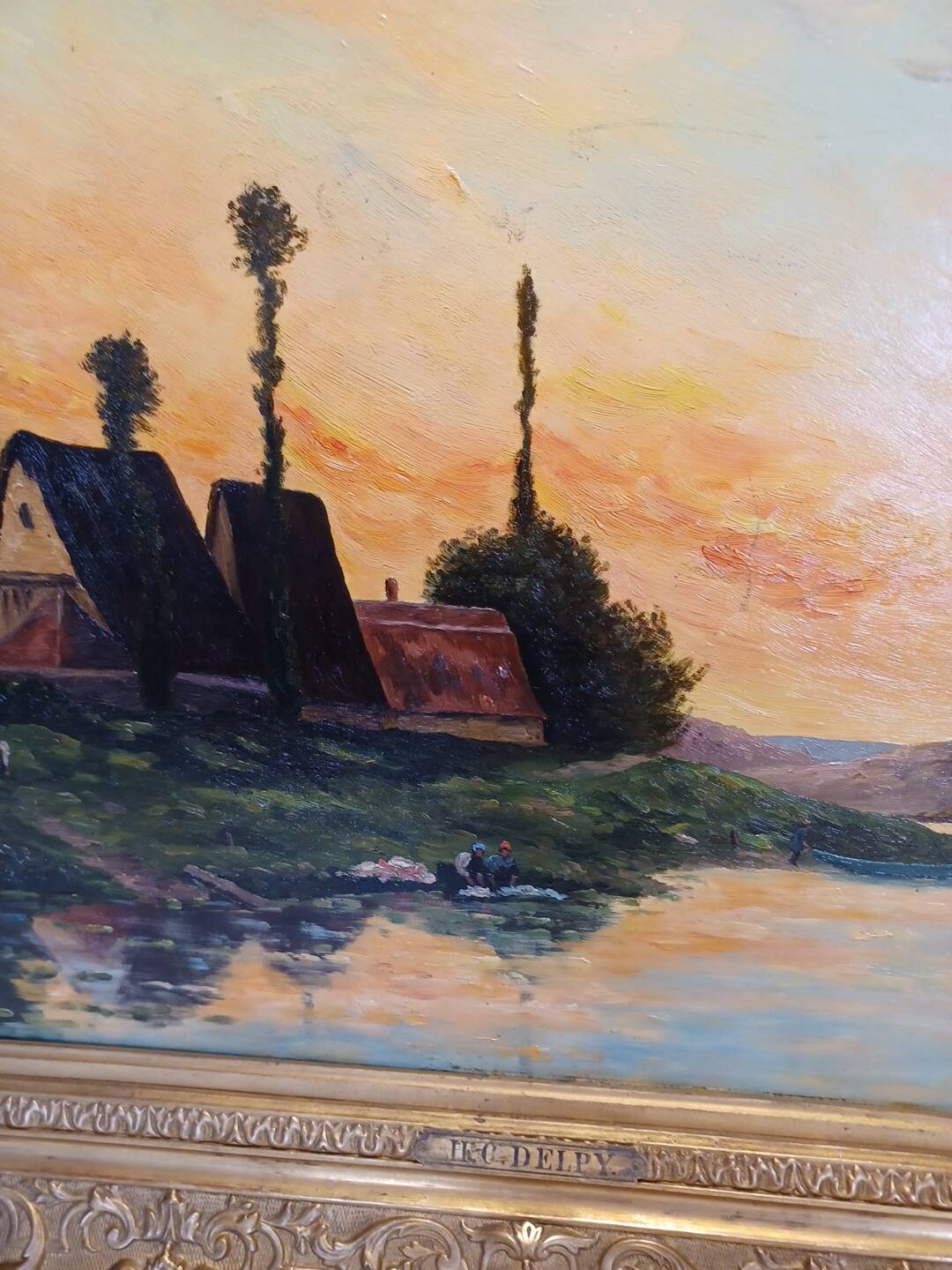 Large painting by Henry Jacques Delpy, Banks of the Seine at Dusk. Early 20th century.