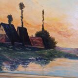 Grand tableau de henry jacques delpy, bord de seine au crepuscule. debut xx ème siècle.