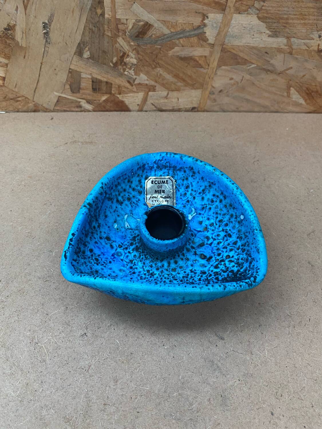 Antique cyclope candle holder ceramic fat lava turquoise blue vintage