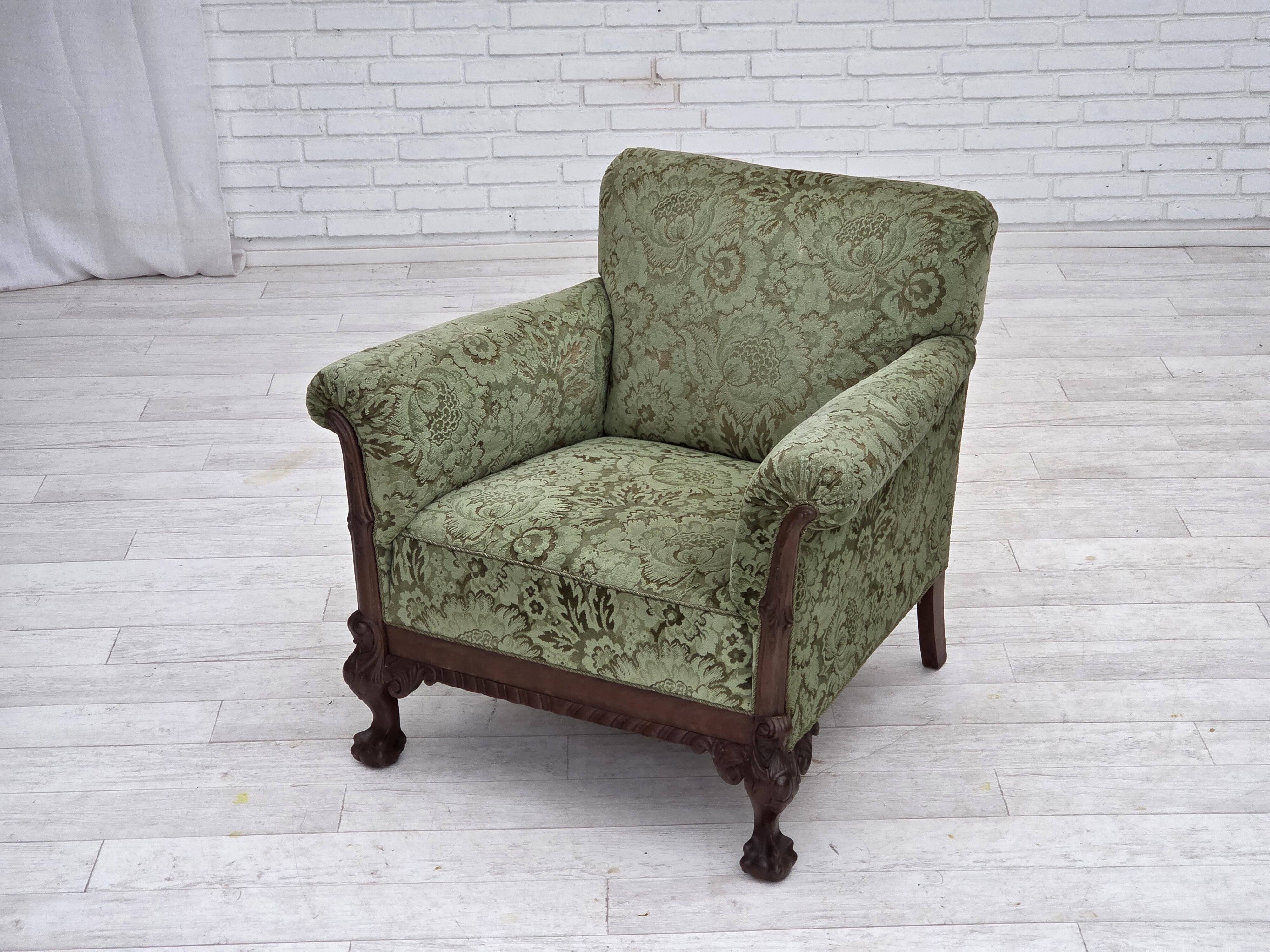 1950s, Danish armchair, green furniture velour, carved oak wood.