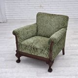1950s, Danish armchair, green furniture velour, carved oak wood.