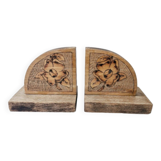 Old wooden bookends with pyrography flower decoration signed 1940s Art Deco