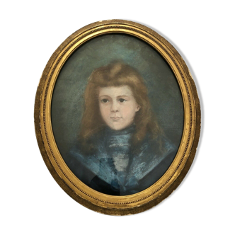 Pastel portrait young girl late 19th blue suit on canvas with glass