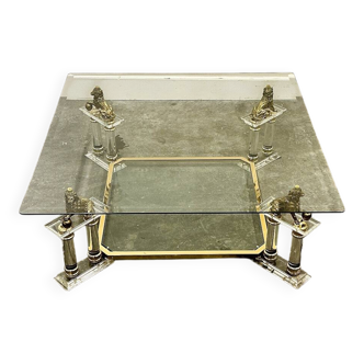 Table basse vintage française en lucite et verre avec lions en laiton, années 1980
