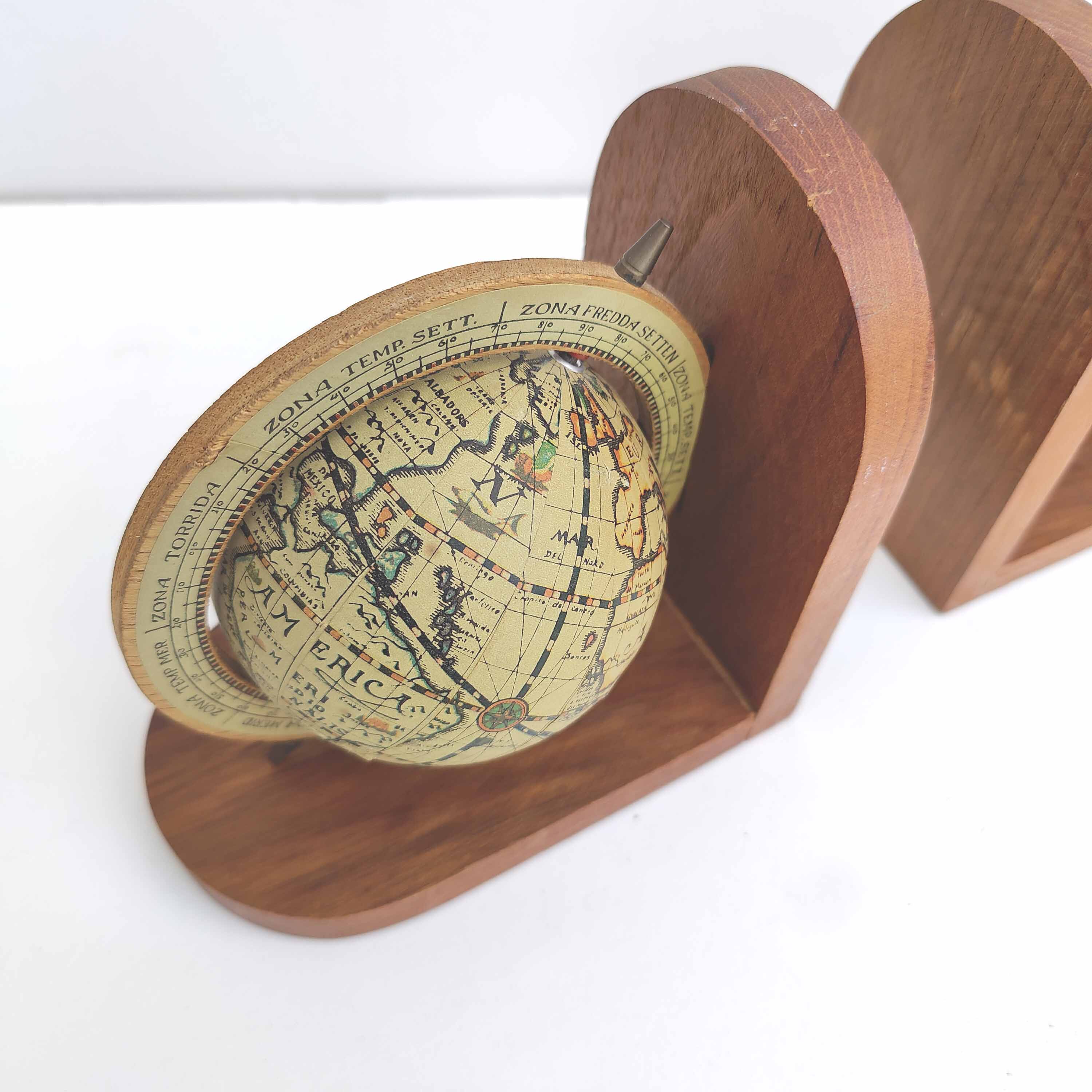 Pair of bookends globe world map wood paper