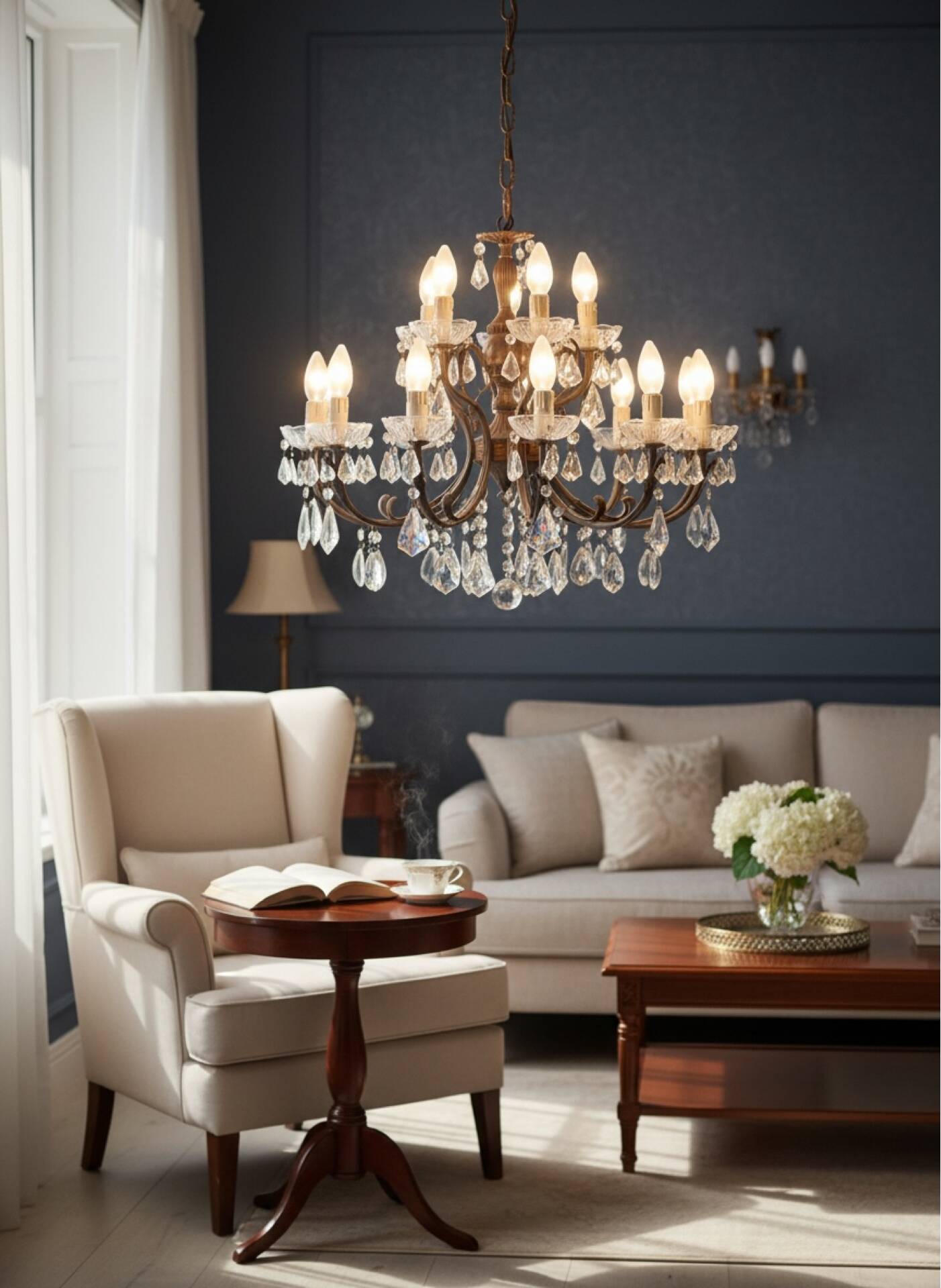 Vintage Bronze & Crystal Chandelier, 15 Lights, 1950s