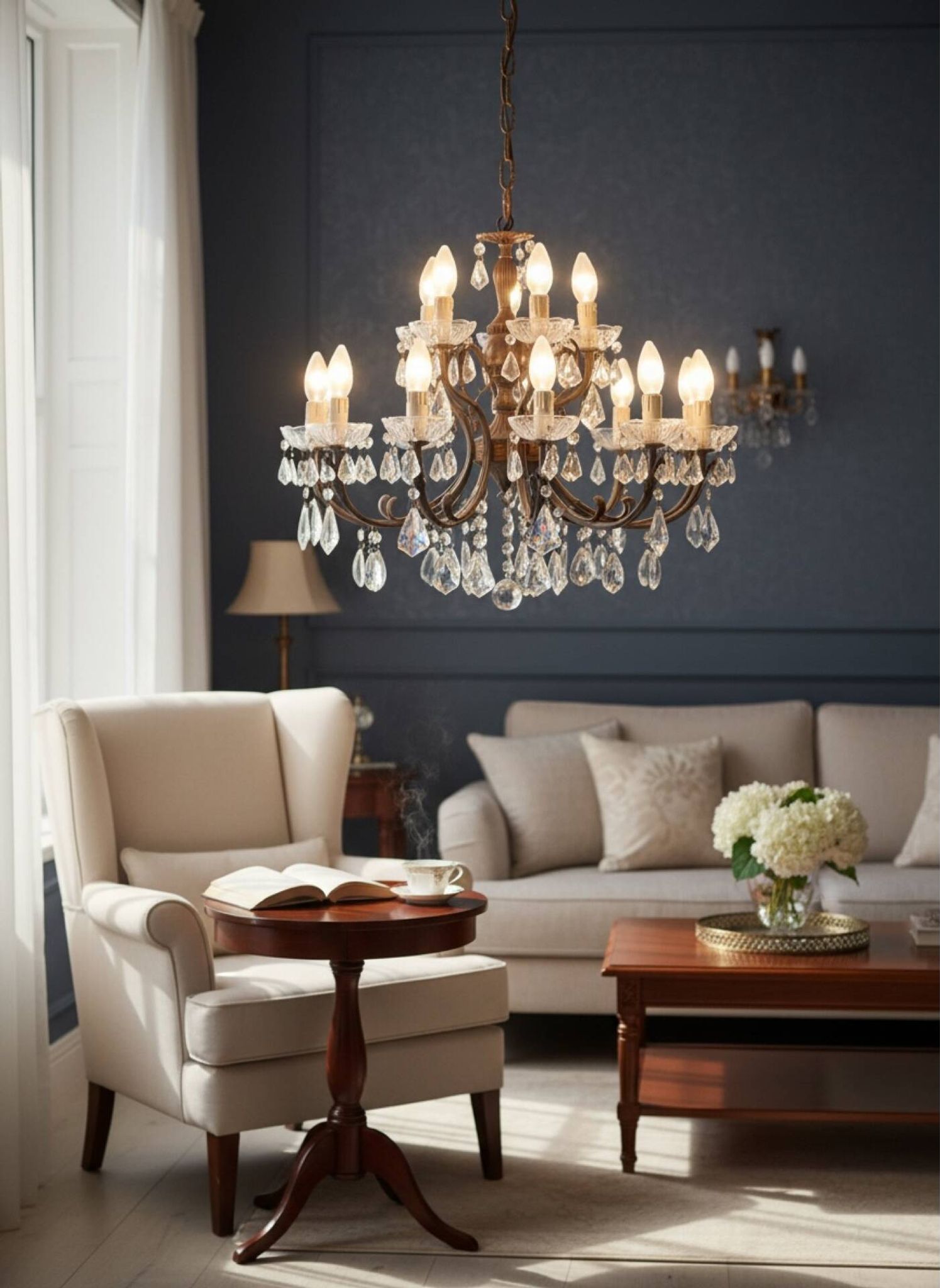 Vintage Bronze & Crystal Chandelier, 15 Lights, 1950s