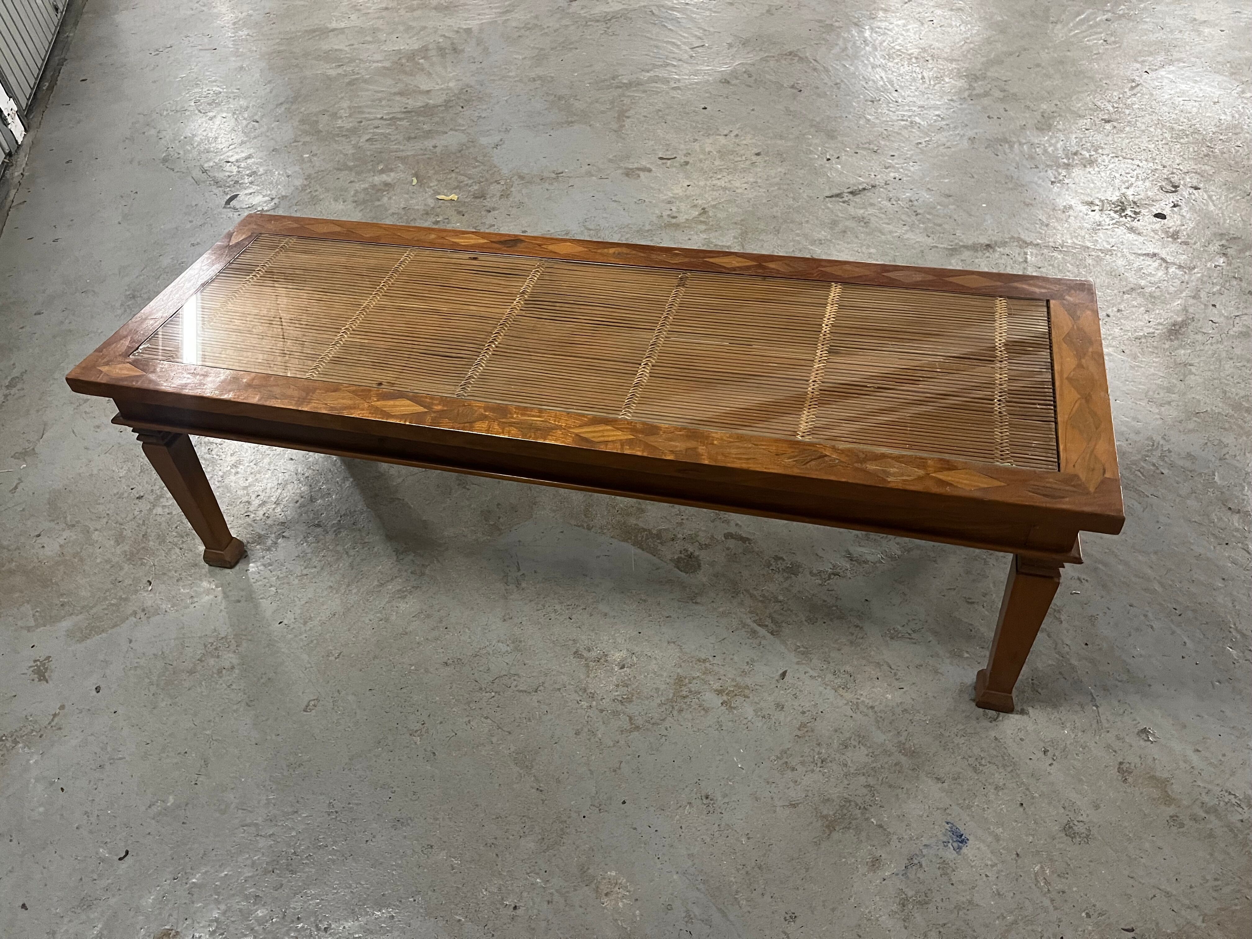 Colonial style teak coffee table - bamboo top under glass